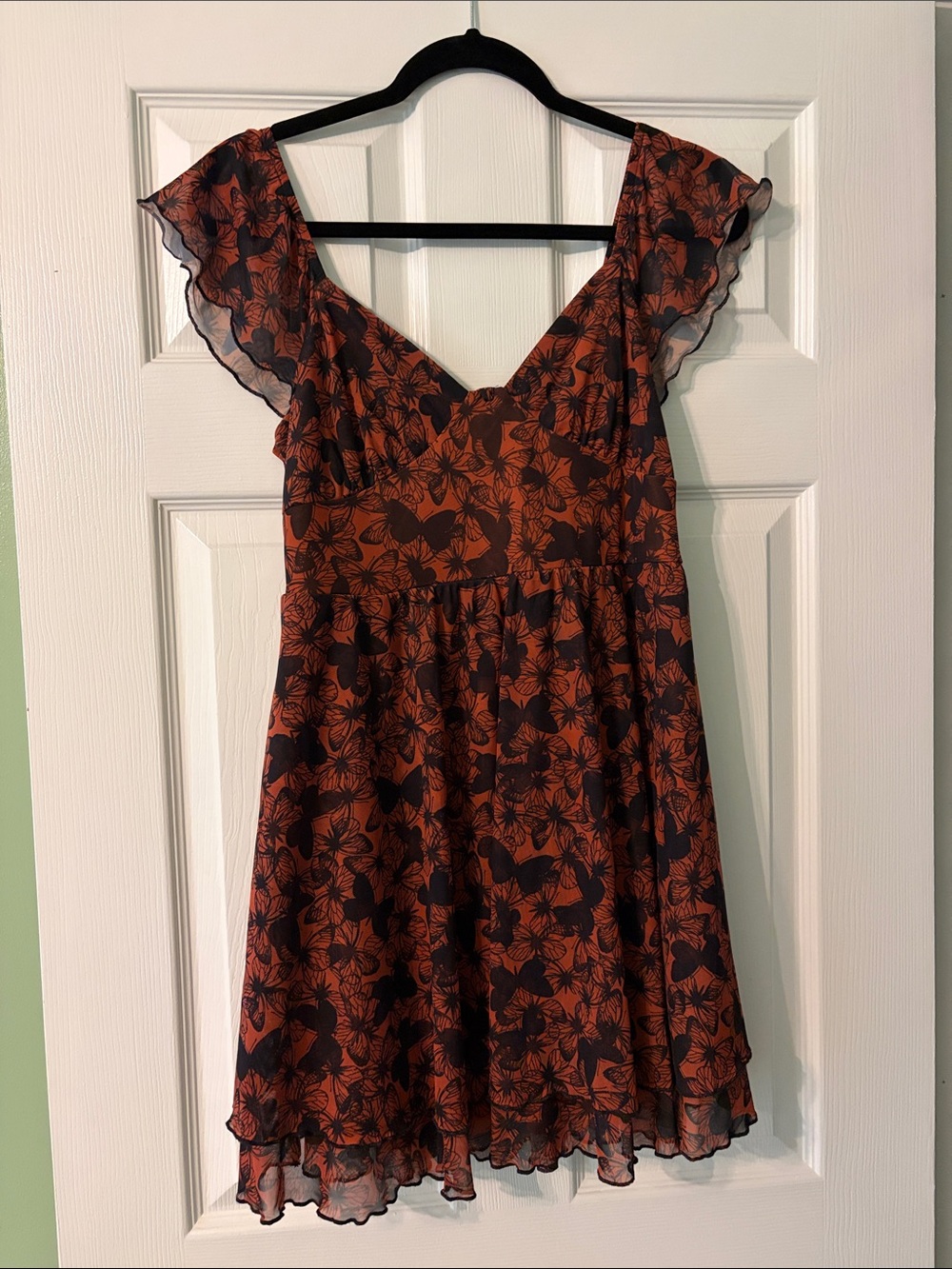 wild fable Rust Floral V-Neck Mini Dress with Flutter Sleeves